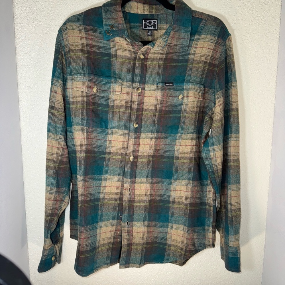 Dark seas division teal brown Sz. S Button Up Flannel ￼blue water woven